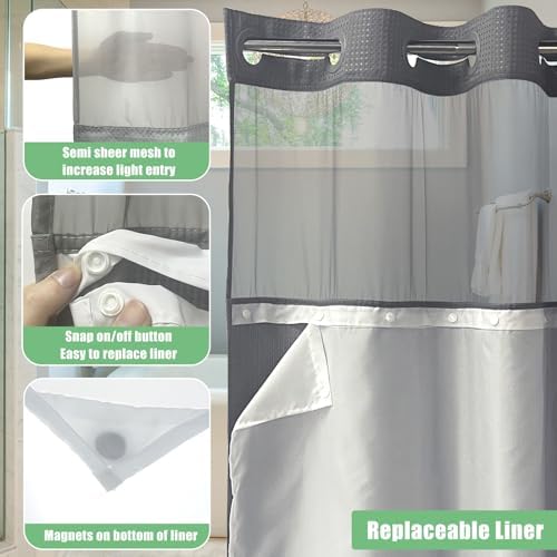AMM No Hook Waffle Weave Shower Curtain with Snap in Liner Set Gray