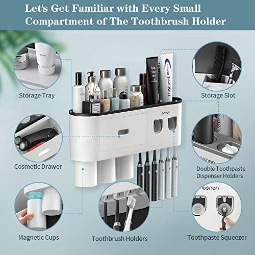 BHeadCat Toothbrush Holder with 2 Toothpaste Dispensers and 6 Brush Slots