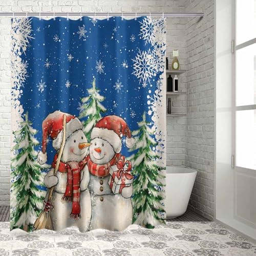 72 Inches Dark Blue Snowmen Shower Curtain Set with 12 Hooks
