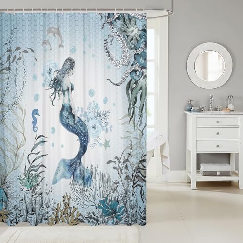 Feelyou Mermaid Shower Curtain 72x72 Waterproof Kids Bathroom Decor