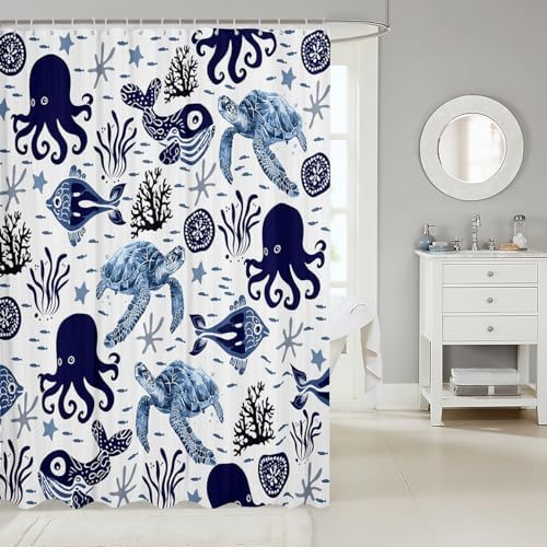 Feelyou Sea Turtle Bath Curtain Set Blue White
