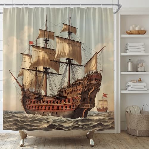 YSATNSFT Pirate Ship Shower Curtain Set with Hooks 70x70 Inch
