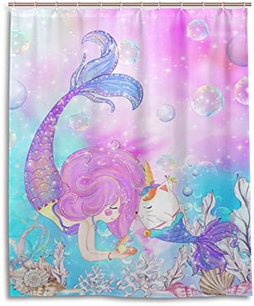 ZOEO Girls Mermaid Shower Curtain with Unicorn Cat Design