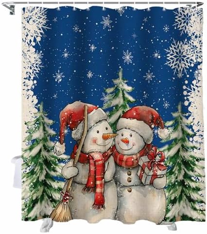 72 Inches Dark Blue Snowmen Shower Curtain Set with 12 Hooks