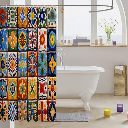 Erosebridal Mexican Talavera Style Shower Curtain Set with 15 Hooks