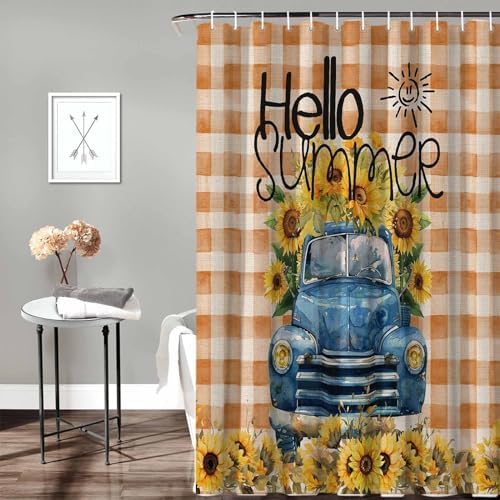 Funnywall88 72 Inches Sunflower Blue Buffalo Plaid Shower Curtain Set with 12 Hooks