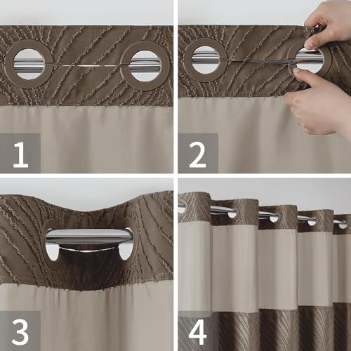 Eachope No Hook Boho Shower Curtain Set with Brown Tufted Stripes