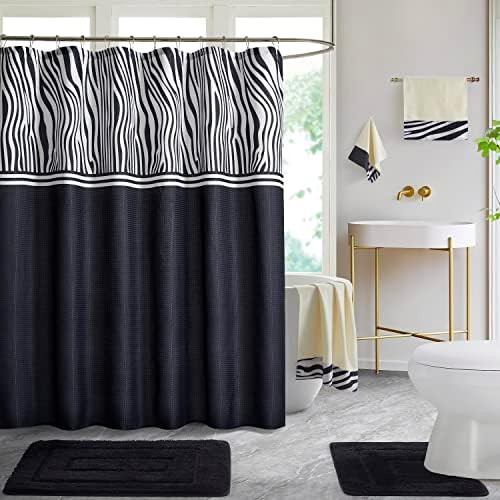 WPM White Zebra Bathroom Rug Set with Shower Curtain and Towels