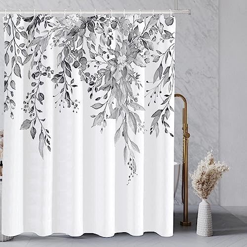 Tititex Grey Leaves Faux Linen Shower Curtain Set 72x72 with Hooks 1