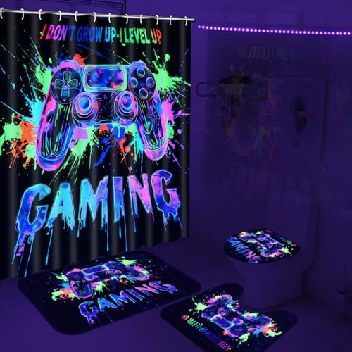Likiyol 4 Pcs UV Reactive Blacklight Shower Curtain Set with Rugs