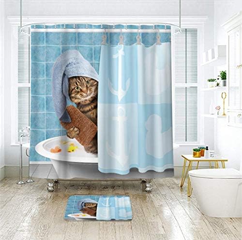 Riyidecor Funny Cat Shower Curtain Set