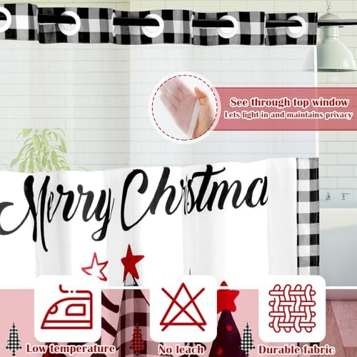 FuWeave No Hook Christmas Shower Curtain with Snap-in Liner