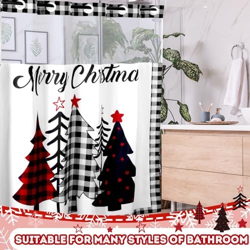 FuWeave No Hook Christmas Shower Curtain with Snap-in Liner