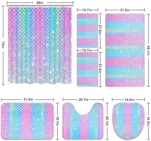 Alishomtll 7 Pcs Mermaid Kids Shower Curtain Set with Rugs and Towels