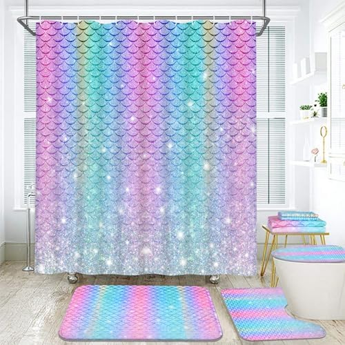 Alishomtll 7 Pcs Mermaid Kids Shower Curtain Set with Rugs and Towels