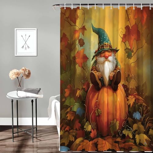 Funnywall88 72x72 Inch Gnome Pumpkin Shower Curtain Set with 12 Hooks