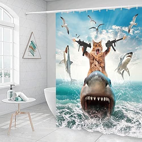 Funny Cat Riding Shark Shower Curtain Set with Hooks
