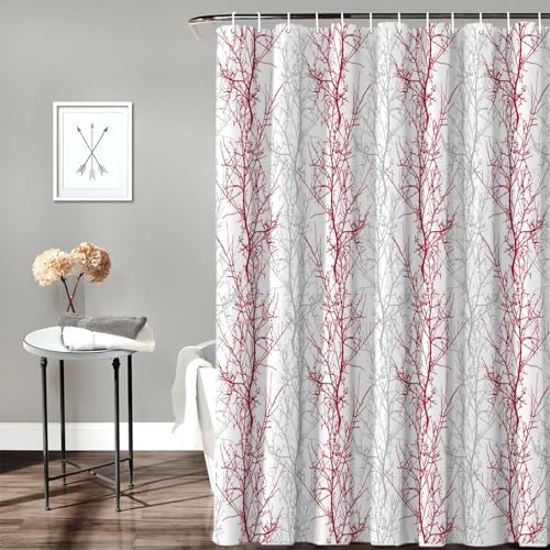 72 Inch Rose Red and Grey Shower Curtain Set with 12 Hooks