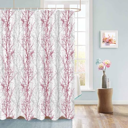 72 Inch Rose Red and Grey Shower Curtain Set with 12 Hooks