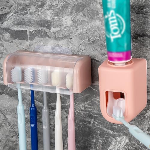5 Slots Wall Mount Toothbrush Holder with Cover and Dispenser Pink