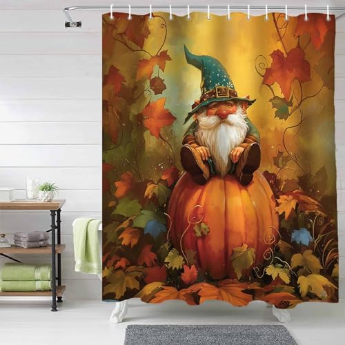 Funnywall88 72x72 Inch Gnome Pumpkin Shower Curtain Set with 12 Hooks