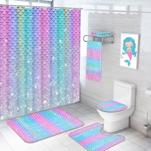 Alishomtll 7 Pcs Mermaid Kids Shower Curtain Set with Rugs and Towels