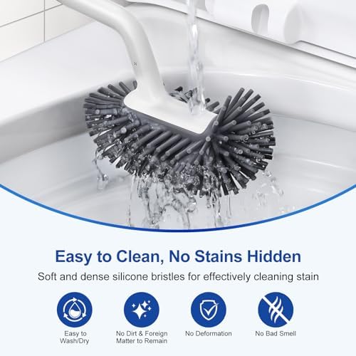 HAMITOR Toilet Brush Holder Set with Silicone Head and Curved Bristles - White
