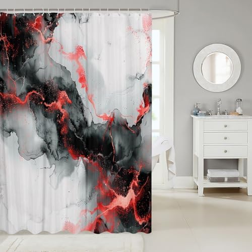 Erosebridal Black and Red Waterproof Shower Curtain Abstract Marbling Design