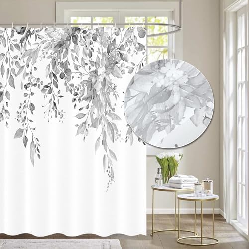 Tititex Grey Leaves Faux Linen Shower Curtain Set 72x72 with Hooks 1