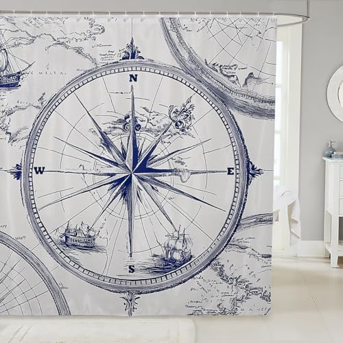 Feelyou Compass Print Shower Curtain Set 72x84