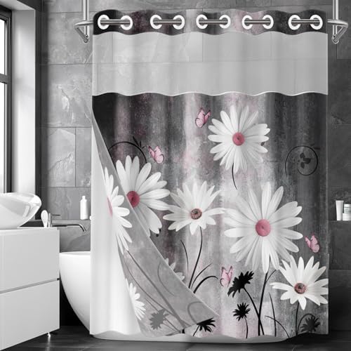 Nesphy Pink White Daisy Butterfly Shower Curtain Set