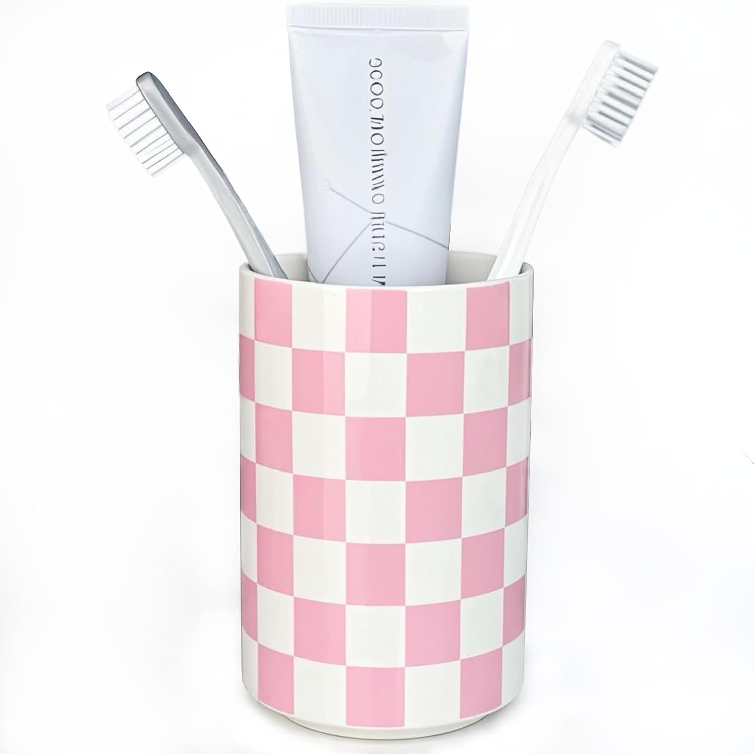 Pink Checkered Ceramic Toothbrush Holder Modern Bathroom Decor