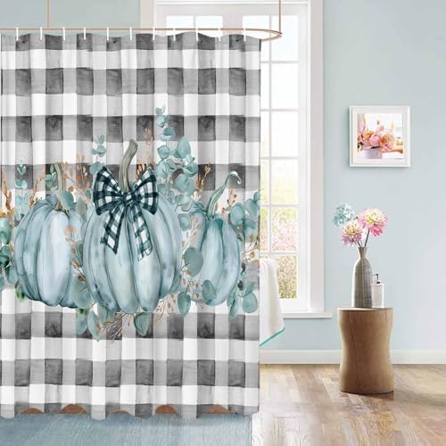 Funnywall88 72 Inches Green Bow Pumpkin Plaid Shower Curtain Set with 12 Hooks
