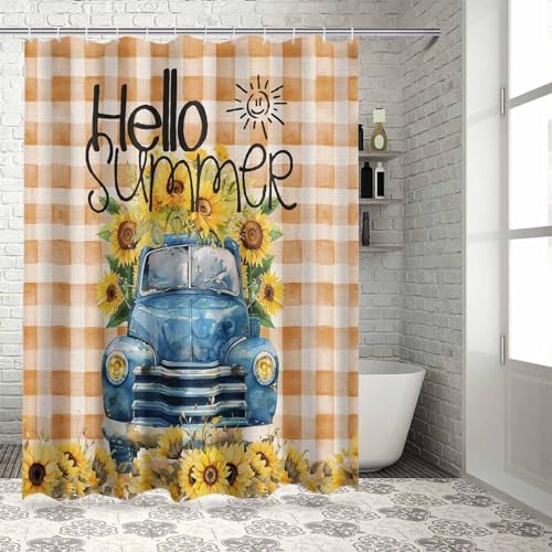 Funnywall88 72 Inches Sunflower Blue Buffalo Plaid Shower Curtain Set with 12 Hooks