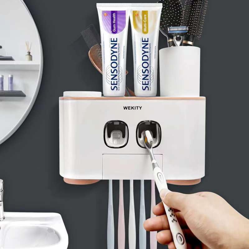 Wekity Wall Mounted Toothbrush Holder with 5 Slots and 4 Cups