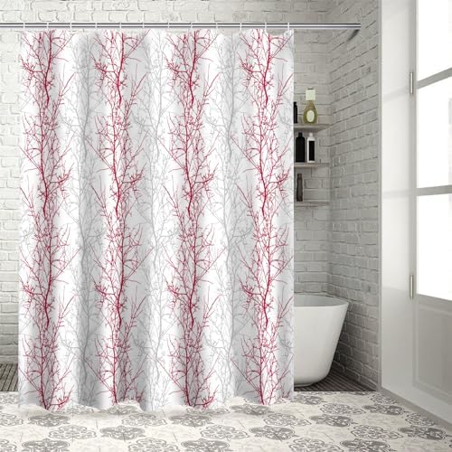 72 Inch Rose Red and Grey Shower Curtain Set with 12 Hooks