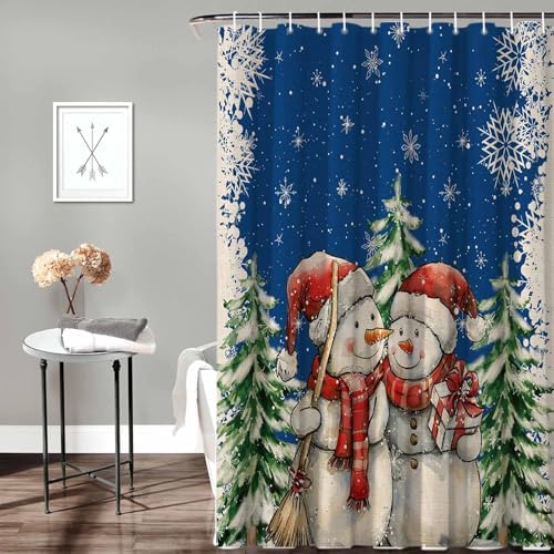 72 Inches Dark Blue Snowmen Shower Curtain Set with 12 Hooks