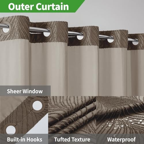 Eachope No Hook Boho Shower Curtain Set with Brown Tufted Stripes