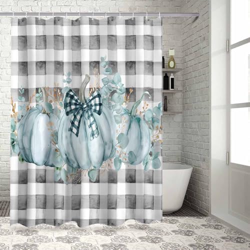 Funnywall88 72 Inches Green Bow Pumpkin Plaid Shower Curtain Set with 12 Hooks