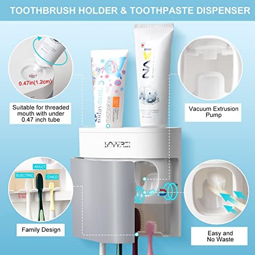 Boperzi Toothbrush Holder with 2 Toothpaste Dispensers and Dustproof Cover