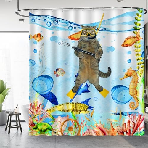 Funny Cat Shower Curtain Set with 12 Hooks 72x72