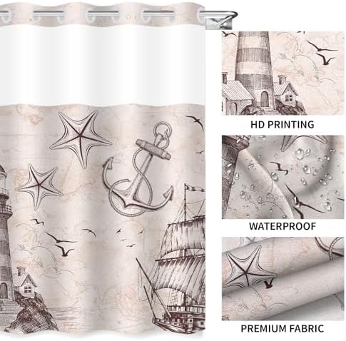 Uhexoyo Ocean Themed Nautical Lighthouse Shower Curtain 71x74in Hookless Double Lining