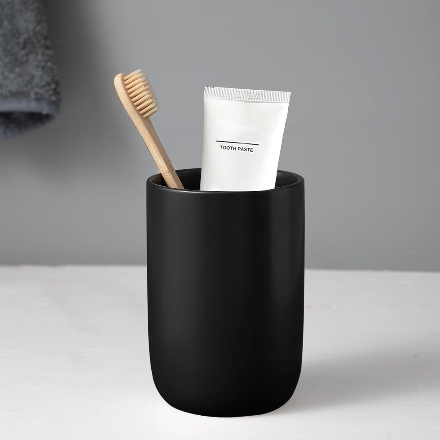 Matte Black Ceramic Toothbrush Holder - 1 Cup Reusable Bathroom Organizer