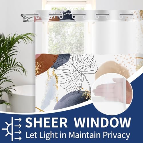 Boho Style Waterproof Shower Curtain with Mesh Top 71x74 In