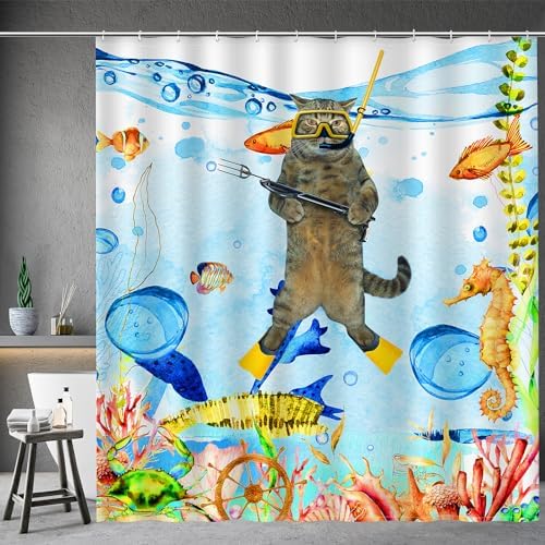 Funny Cat Shower Curtain Set with 12 Hooks 72x72