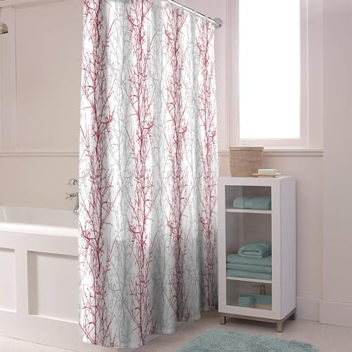 72 Inch Rose Red and Grey Shower Curtain Set with 12 Hooks