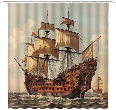 YSATNSFT Pirate Ship Shower Curtain Set with Hooks 70x70 Inch