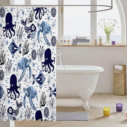 Feelyou Sea Turtle Bath Curtain Set Blue White