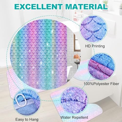 Alishomtll 7 Pcs Mermaid Kids Shower Curtain Set with Rugs and Towels