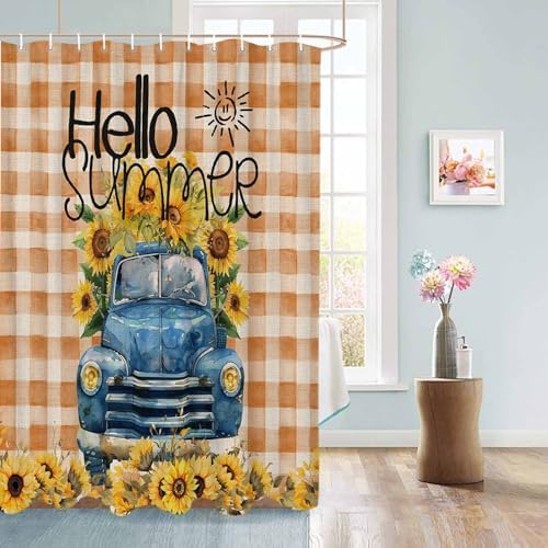 Funnywall88 72 Inches Sunflower Blue Buffalo Plaid Shower Curtain Set with 12 Hooks